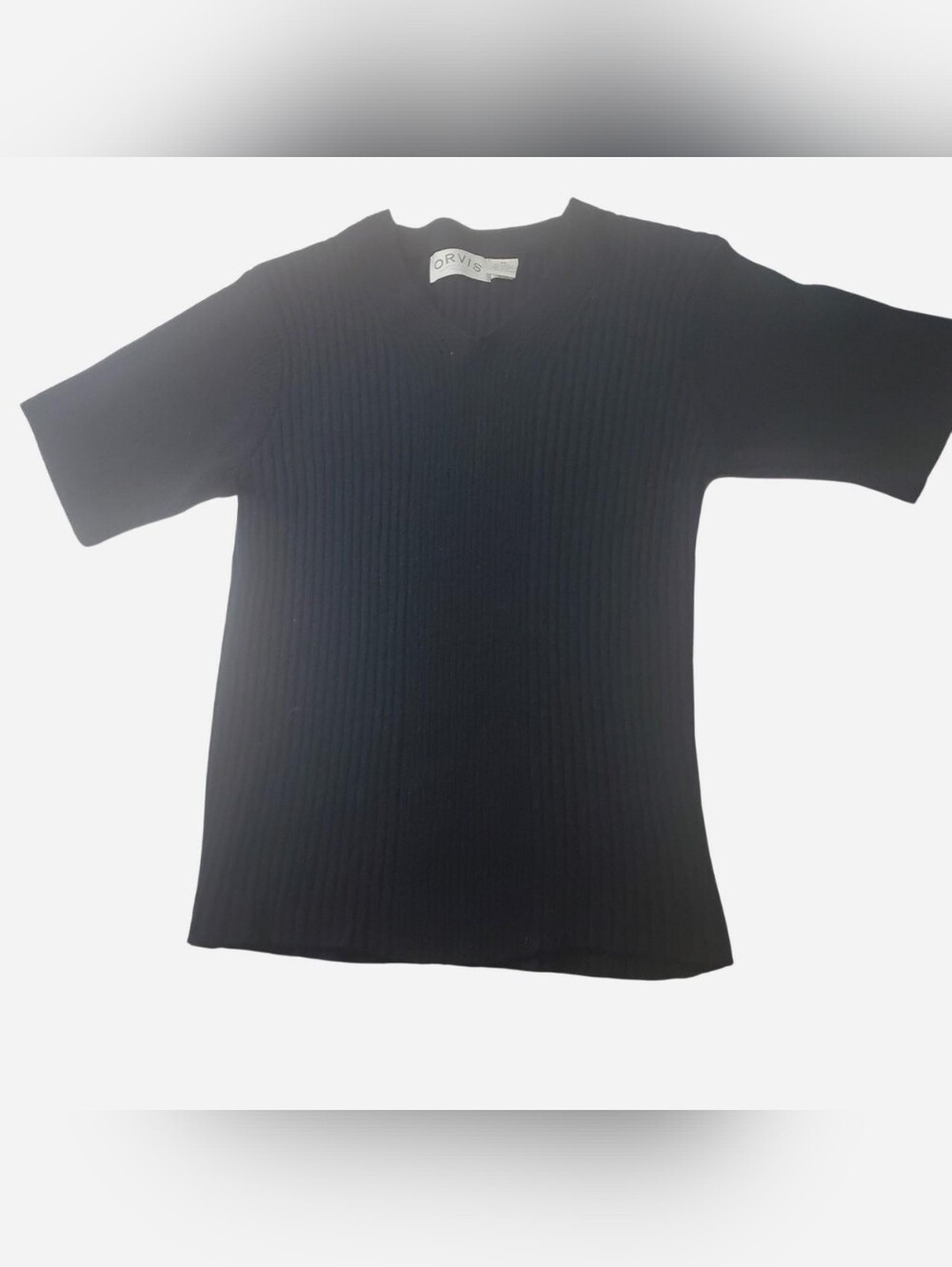 Vintage Orvis Top Womens Medium Black Sweater Short Sleeve Shirt Ribbed V-neck
